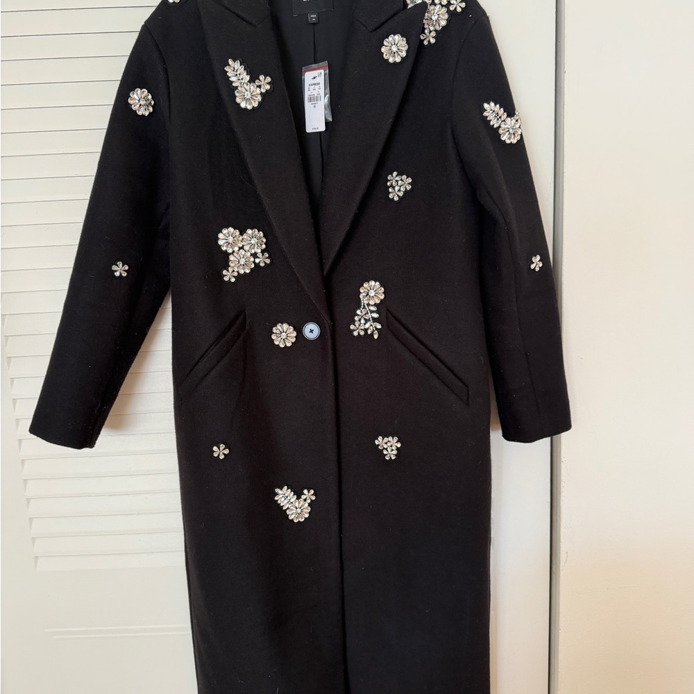 Express Black Embellished Wool-Blend Pea Coat